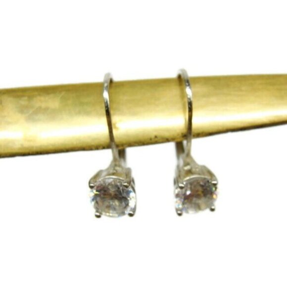 Earrings Hoop Hinge Clasp 925 Sterling Silver Round Simulated Cubic Zirconia Vtg - Picture 3 of 6